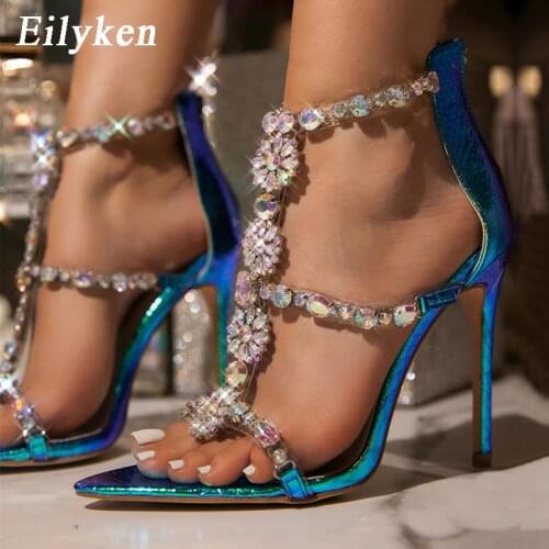 Eilyken Summer Women Sandals Fashion Bling Crystal Design Sexy Pointed Toe Party High Heels Zipper Pumps Pvc Ankle Strap Shoes