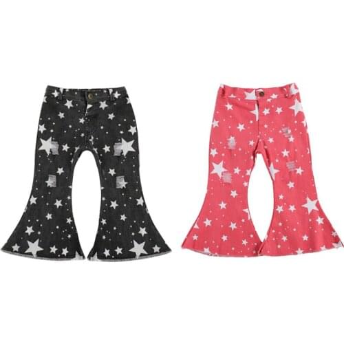 FOCUSNORM Fashion Infant Kids Girls Denim Pants Star Print Elastic Button High Waist Flare Pants 2 Colors Outfits 1-6Y