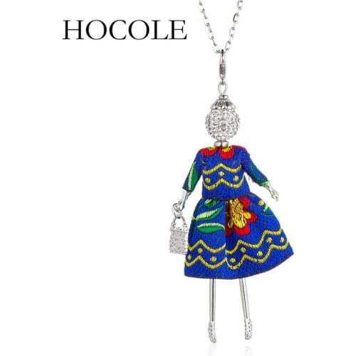 HOCOLE Women Doll Cute Blue Red Long Necklaces & Pendant Embroidered Dress Baby Girls Maxi Necklace Fashion Statement Jewelry