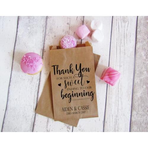 Custom name Sweet ending to our beginning wedding Pretzel candy Buffet lolly bags engagement Bakery Cookie goody gift pouch