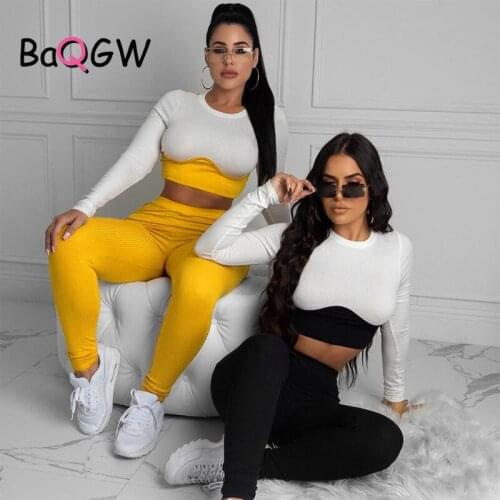 BaQGW Casual Color Contrast Two Pieces Pant Set Women Long Sleeve Crop Top and Slim Leggings Suits 2 Pieces Outfits Matching Set