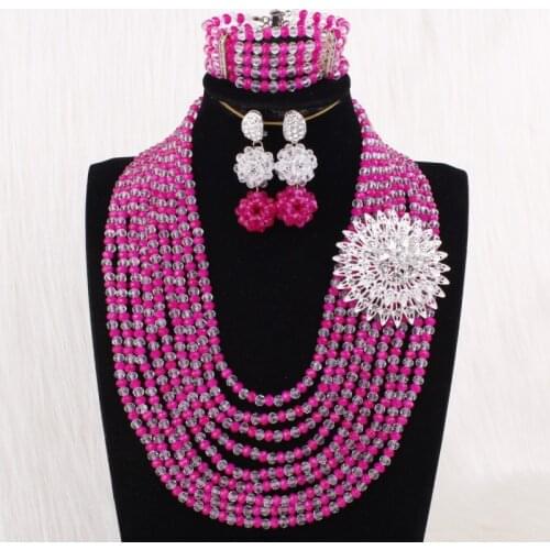 4UJewelry African Jewellery Ste Fuchsia & White Beaded Nigerian Weddings Necklace Jewelry Set 9 Row Ethnic Tribal Party Gift Set