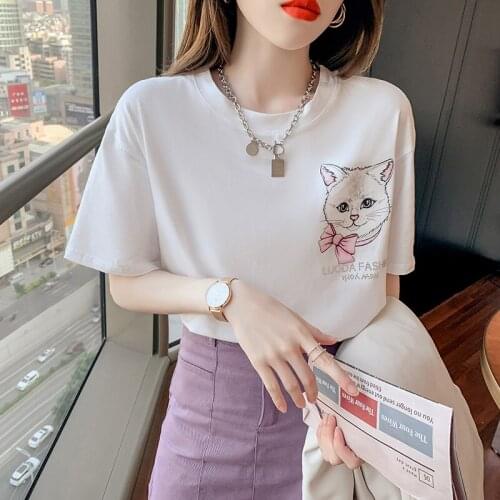 New Round neck Short Sleeves Hot drilling printing T Shirt Hot Sales Female Tshirt Loose Women Fashion Graphic T-Shirt