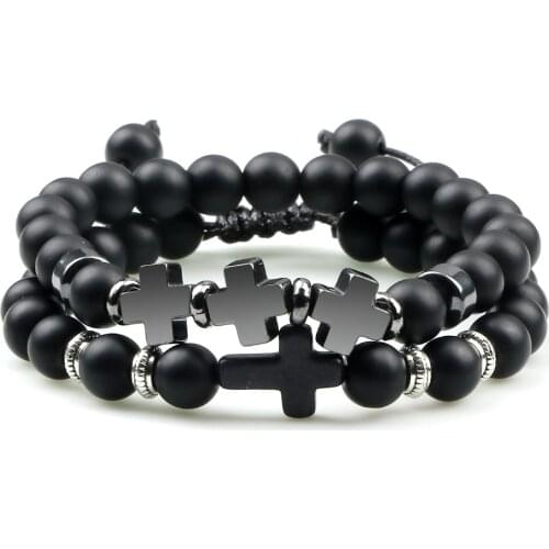 2pcs Hot Men Cross Beads Bracelets Natural Lava Rock Stone Onyx Meditation Prayer Strand Bracelet Handmade Bangles Charm Jewelry
