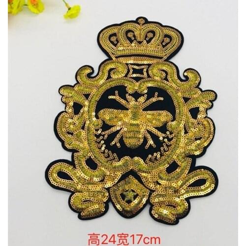Fashion Bee Crown Sequin Patches Bling Bling Gold Crown Bee Embroidered Applique for Clothing Jeans T-Shirt DIY Motif Applique