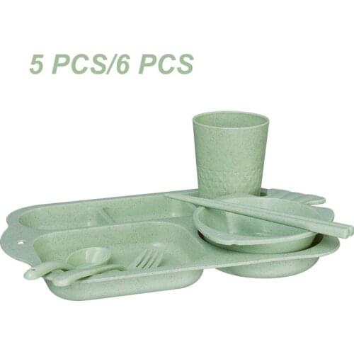 5PCS/6PCS Wheat Straw Dinnerware Set Tableware Suit Cutlery Set Canteen Children Plate Cup Bowl Chopsticks Fork Spoon Color Box