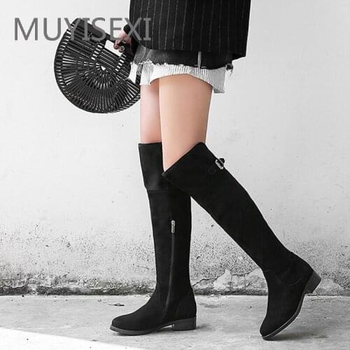 Antiskid Casual Thigh High Boots Over the Knee Black Women Cow Full Real Suede Leather Low Heel Knee High Winter LDI03 MUYISEXI