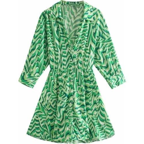 ZA2021 summer new European and American wind dress texture v-neck thin print shirt-style dress