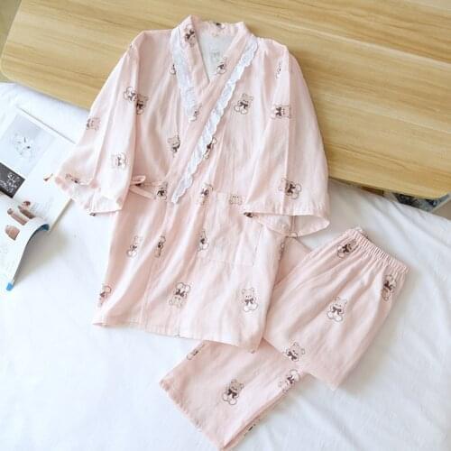 Spring Japanese Kimono Pajamas for Women V-Neck 100% Cotton Thin Gauze Lounge Wear Three Quarter Sleeve Cartoon Two Piece Set