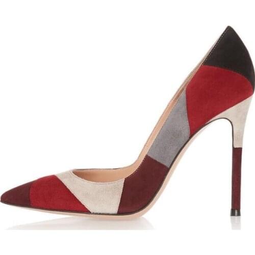 Drop Shipping Cheap High Quality Women Fashion Suede Leather Grid Patchwork Color High Heels Formal Dress Pumps Shoes
