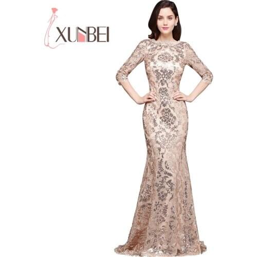 Robe de Soiree Longue Elegant Mermaid Gold Sequined Evening Dresses 3/4 Sleeves Cheap Prom Dresses Party Dresses