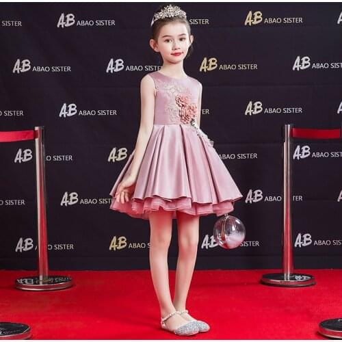 Pink Birthday Girl Dress Wedding Elegant Princess Flower Girl Dresses Party Kids Prom Evening Vestido Festa Dresses AE50GD