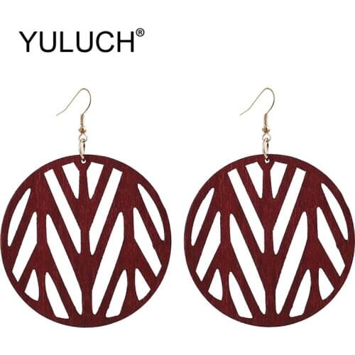 YULUCH Personality Red Black Round Wood Dangle Earrings For Women Party Wholesale African Hollow Geometric Long Pendant Earrings