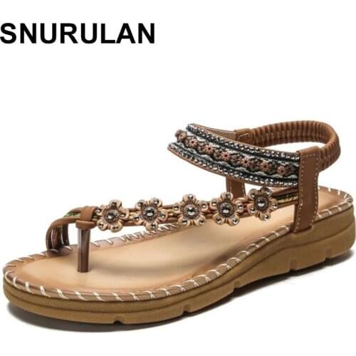 SNURULAN 2021 new non-slip comfortable beach shoes womens sandals bohemian bright beads inlaid flower decoration flat shoes