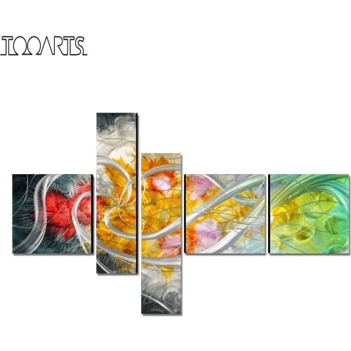 Tooarts Large Modern Flower Metal Wall Art Hand-Painted 5-Panels Wall Decoration for Kitchen Dinning Room 63"x39"