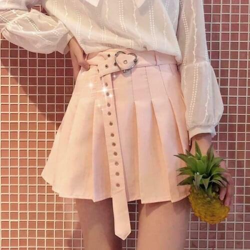 Vintage Women Harajuku Pleated skirt Heart Belt High Waist Ulzzang Skirts Dress