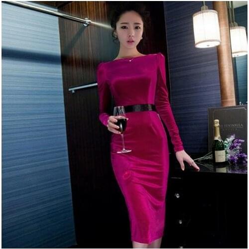 Clobee 2021 Winter Korean Velvet Women Dress Long Pack Hip Bow Sexy Elegant Ladies Dresses Party Wedding For Femme Vestidos Q481
