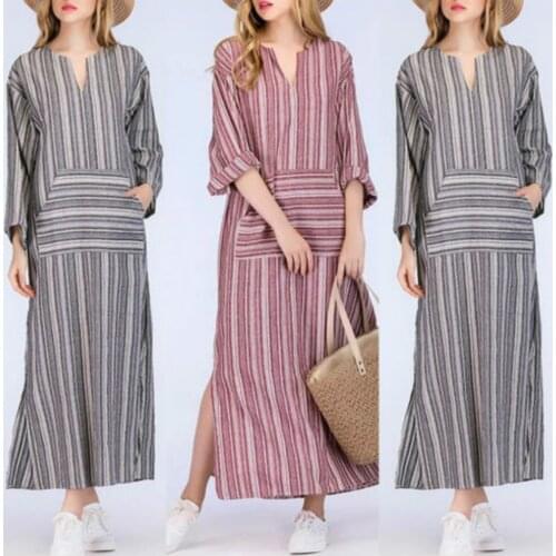 Dress Plus Size S-5XL Boho Womens Maxi Dress Long Sleeve 2018 Striped Pockets Summer Long Beach Sundress