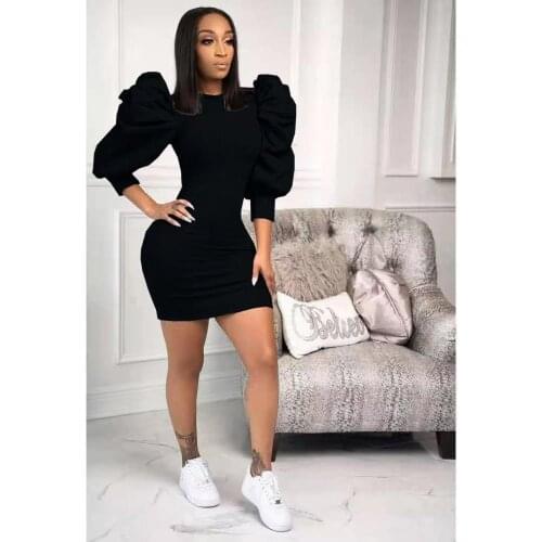 Fashion Round Neck Three Quarter Sleeve Wave Sleeve Short Dress Office Ladies Autumn New Clothing Ribbed Knitted Sexy Mid Dress