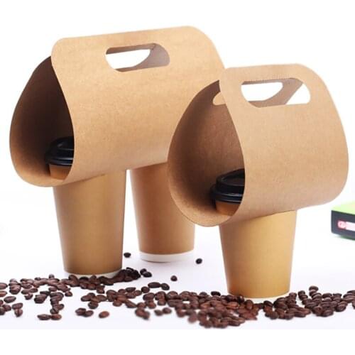 50pcs Eco Friendly Kraft Paper Cup Holder Disposable Drinks Coffee Tea And Milk Mug Base Handle Holders Takeaway Drink Packaging