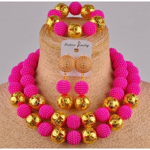 Fuchsia pink african jewelry set simulated pearl nigerian beads necklace for women FZZ19