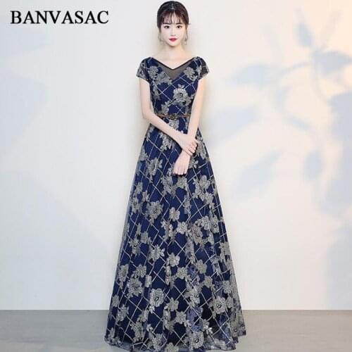 BANVASAC 2018 Sequined Embroidery V Neck A Line Long Evening Dresses Lace Short Sleeve Party Sash Backless Prom Gowns
