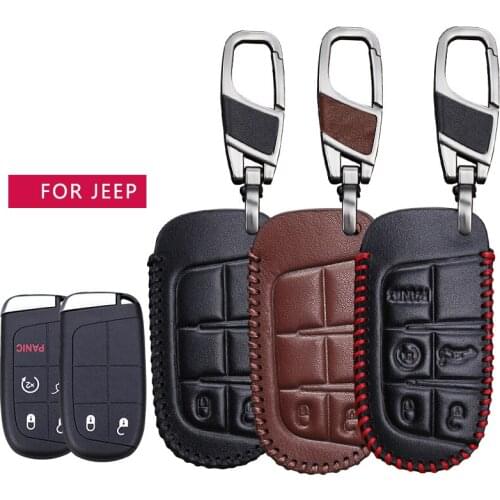 Genuine Leather Car Key Case Fob Cover For Jeep Renegade Grand Cherokee WK2 srt Liberty Wrangler jl Compass Key Ring Accessories