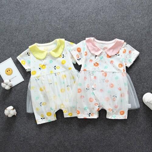Infant Clothing Baby Girls Jumpsuits 2021 Summer New Flower Printed Short Sleeved Mesh stitching Sweet Romper Casual Bodysuits