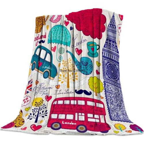 British Graffiti Bridge Car Clock London City Flannel Blanket for Bed Sofa Portable Soft Fleece Throw Funny Plush Bedspreads