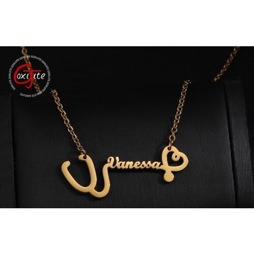 Goxijite Custom Heart Name Necklace Personalized Stainless Steel Stethoscope Cute Nameplate Necklaces Women Creative Gift