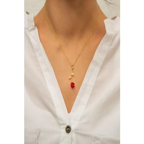 Red Rose Motif Gold Plated 925 Sterling Silver Necklace