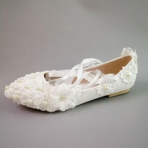 High quality handmade ivory lace wedding shoes bride flats plus small big size girls pearls bridal flower flats shoes woman