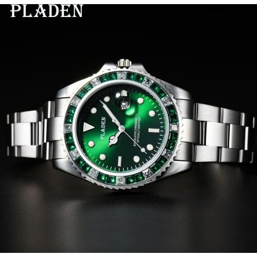 PLADEN Man Watch Luxury Brand Green Square Diamond Luxurious Polished European Saat Swim Partners New Years Heren Horloge