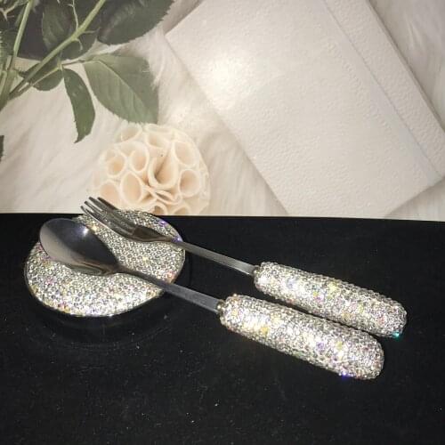 Diamond Coffee Spoon and Fork Set Fruit Forks Stainless Steel Spoons Food Picks Tableware Dinner Set Crystal Decorative Teaspoon