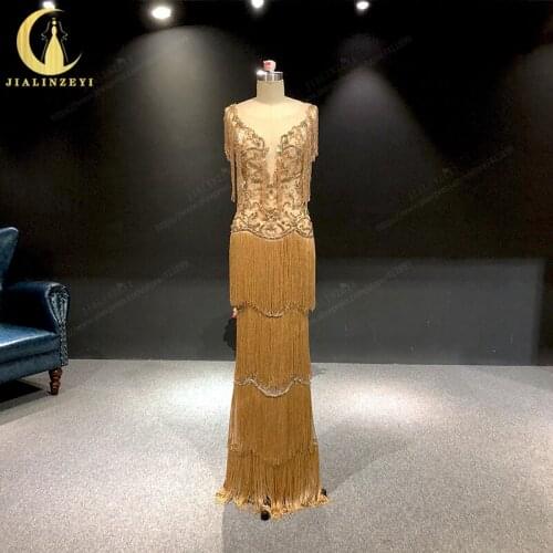 Rhine Real Zuhair Murad Gold Deep V Neck Crystal Tassels Mermaid vestidos de fiesta Evening Dress Long вечернее платье