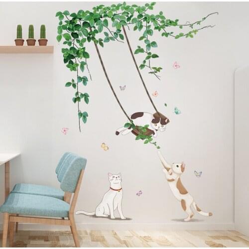 [shijuekongjian] Green Plant Leaves Wall Stickers DIY Cats Animals Mural Decals for Living Room Kitchen House Door Decoration