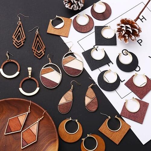 Vintage Elegant Natural Wood Dangle Earrings For Women Fashion Bohemian Gold Geometric Splicing Hollow Drop Earring Jewelry