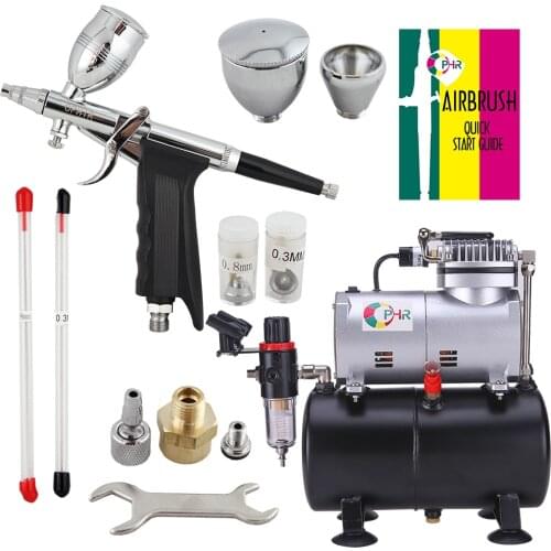 OPHIR Air Compressor Tank & Dual Action Spray Gun 0.3mm,0.5mm,0.8mm Nozzle Set Touch-Up Auto Paint Sprayer with 3 Tips for Hobby