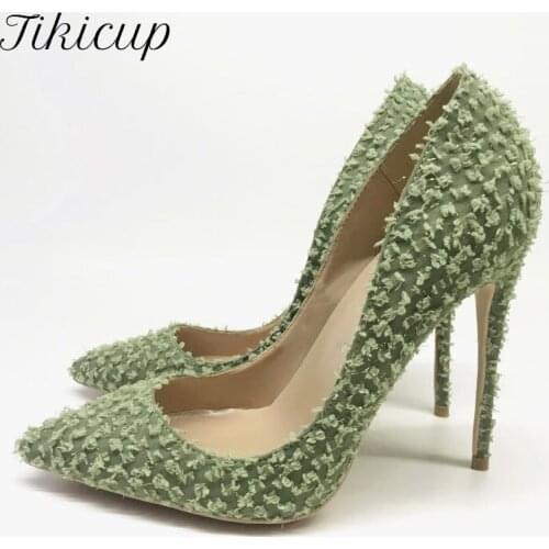 Tikicup Women Green Fabric Distressed Fashion Stiletto Pumps 8cm 10cm 12cm High Heel Pointed Toe Party Dress Shoes for Ladies