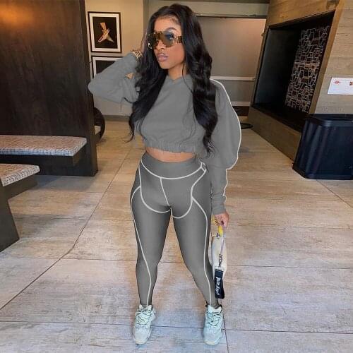 Women Fitness Two Piece Pant Suit Casual Hooded Long Puff Sleeve Crop Top and Striped Spliced Pencil Legging Athleisure Outfit