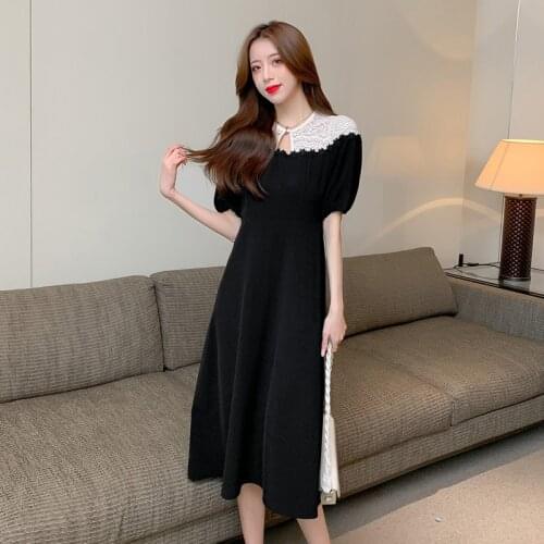 Black Dress 2021 Summer Womens New Round Neck Cutout Splicing Short Sleeve Mid-length Dress Female High Waist Zipper Midi Dress