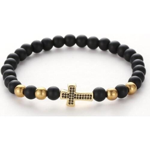 Gold Copper Cross Micro Multicolor Zircon Jewelry 6mm Black Scrub Stone Fashion Beads Bracelets Christian Believer Gift for Men