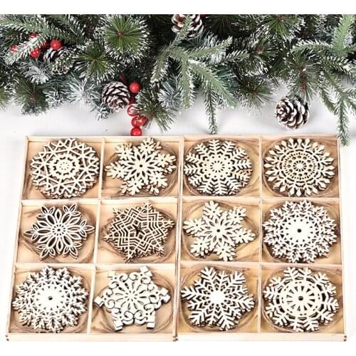24Pcs/lot Christmas Ornaments Kids Toys Chirstmas Tree Hanging Pendants Wooden Snowflakes Xmas Decor for Home Party New Year