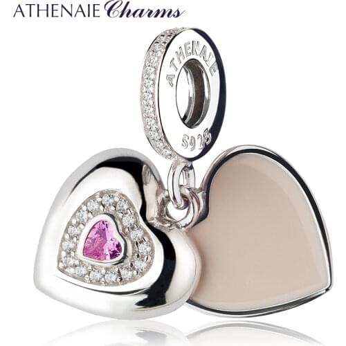 ATHENAIE 925 Sterling Silver Clear CZ Pink Heart Beloved Mother Pendent Drops Charm Beads Fit All European Bracelet