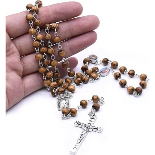 Handmade Pine Cross Round Rosary Bead Chain Necklace Fashion Unisex Religious Accessories Choker Trendy Style Jewelry