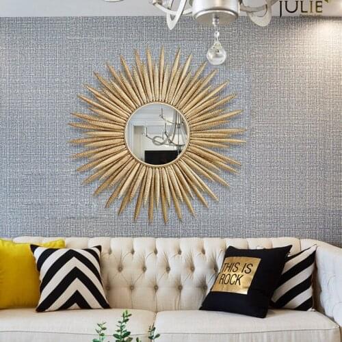 European Luxury Wrought Iron Sun Flower Decorative Mirror Home Livingroom Wall Sticker Crafts Hotel Store Wall Mural Decoration