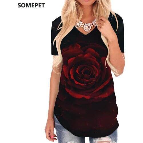 SOMEPET Rose Flower T-shirt women Psychedelic V-neck Tshirt Harajuku Funny T shirts Womens Clothing Fashion Printed New