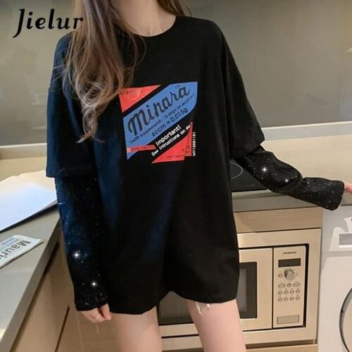 Jielur 2021 Basic Cartoon Print T-shirt M-XXL Fashion Patchwork Fake 2 Piece Woman Tee Shirt 6 Color Tops O-Neck T-shirts Women