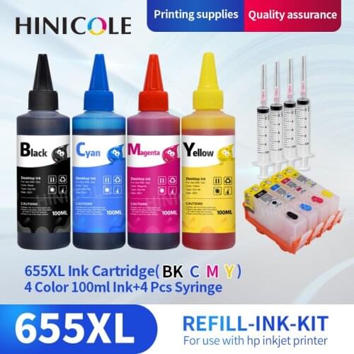 Hinicole for hp 655 Refillable ink cartridge for HP Deskjet 3525 4615 4625 5525 6520 6525 + Dey ink bottle 4 color Universal