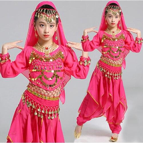 5pcs Long Sleeve Girl Belly Dance Suit for Girls Indian Stage Dance Dress Children Stage Dancing Costumes Kids Belly Clothes Set